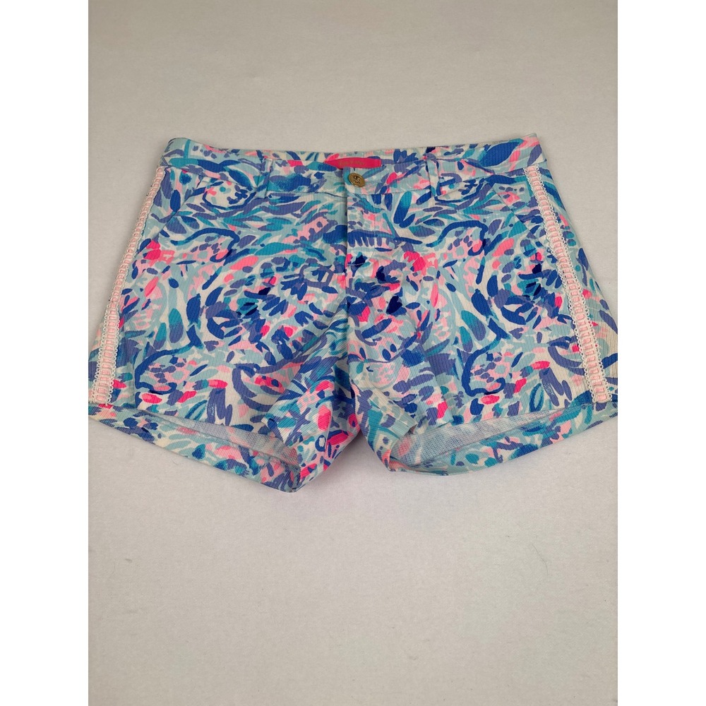 Lilly Pulitzer Callahan Shorts Womens 8 Blue Pink Floral Eyelet Trim Cotton 5in